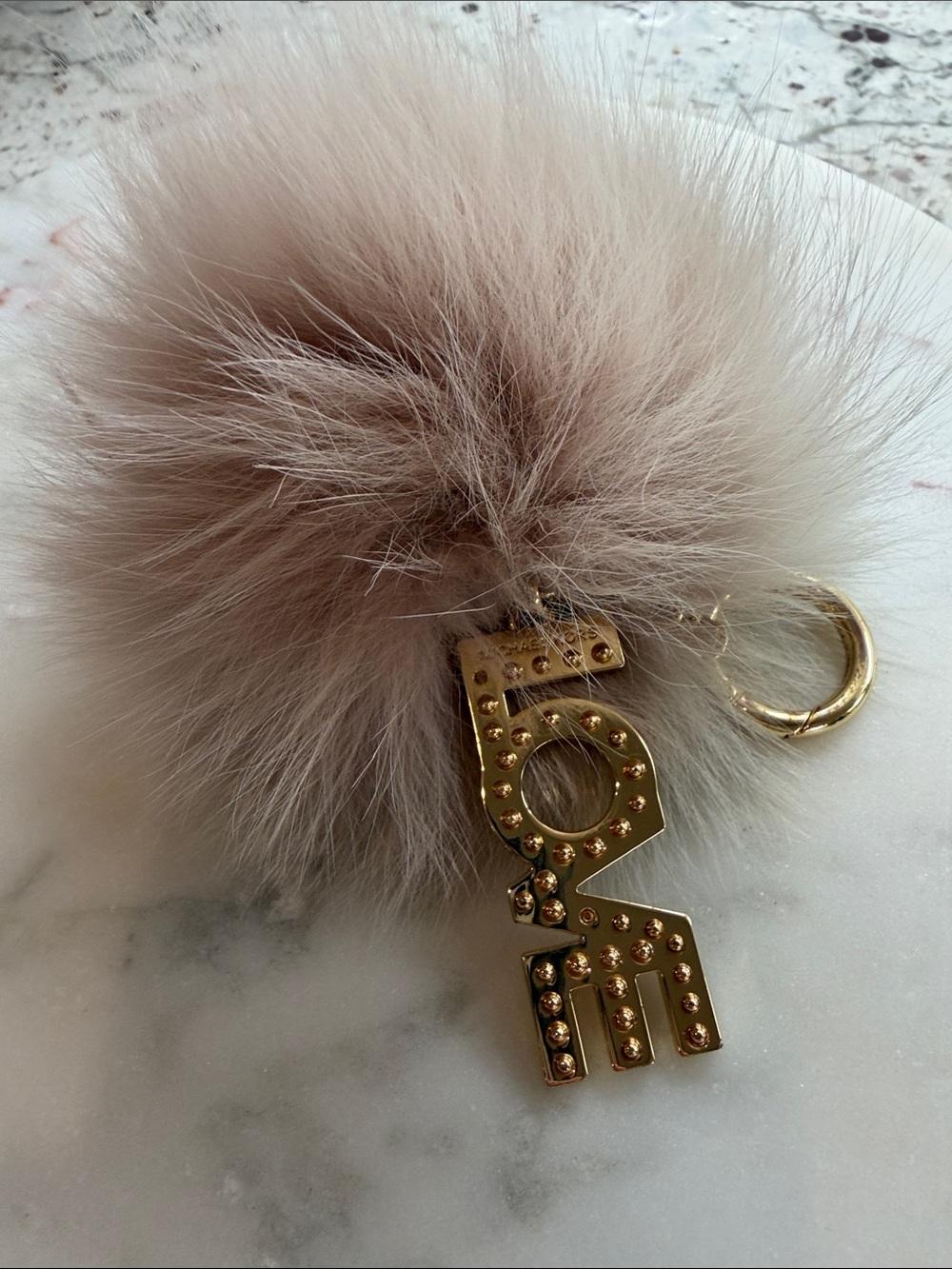 Michael Kors Taupe Faux Fur Pom Pom Keychain with Gold 'LOVE' Charm